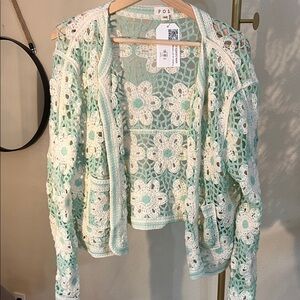 POL Women's Mint Green and White Crochet Cardigan